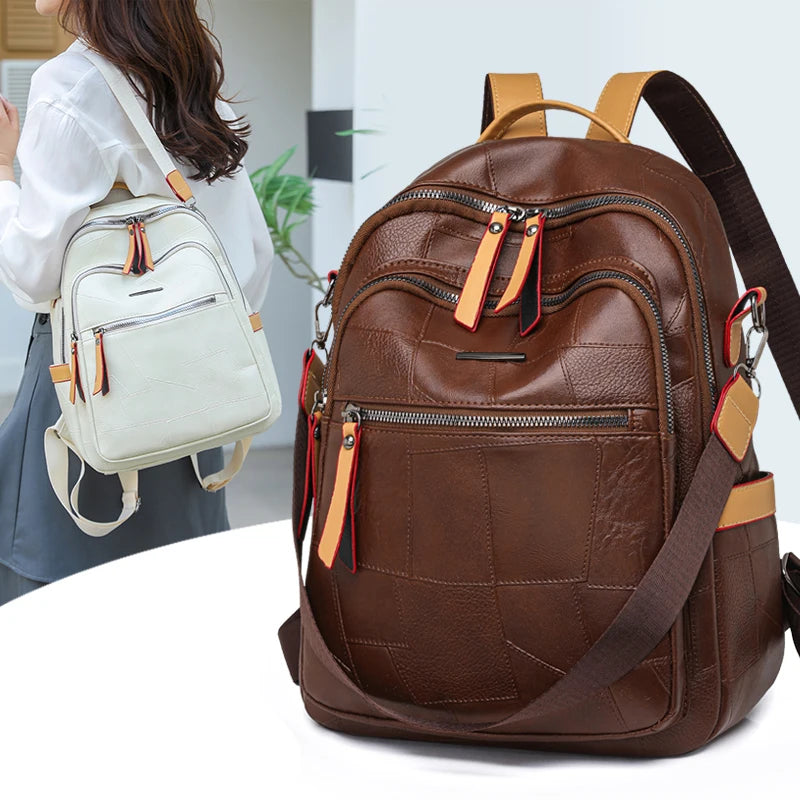 Vintage PU Leather Backpack for Women Large Capacity Travel Rucksack Fashionable
