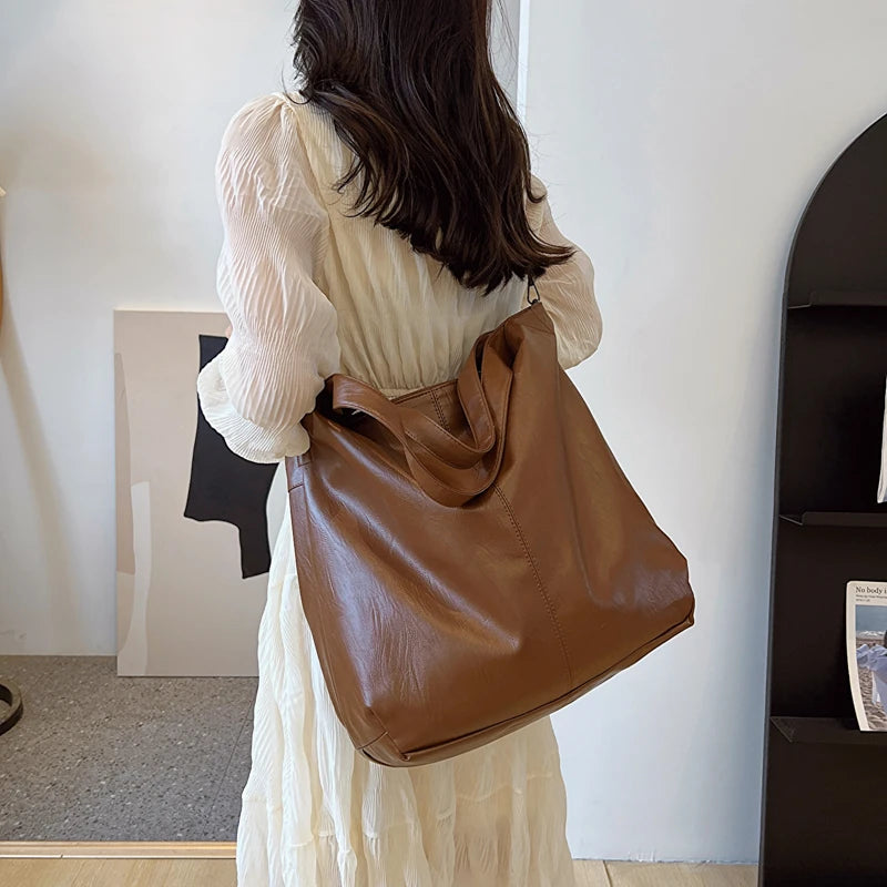 Fashion Big Leather Tote High Capacity Retro Handbag