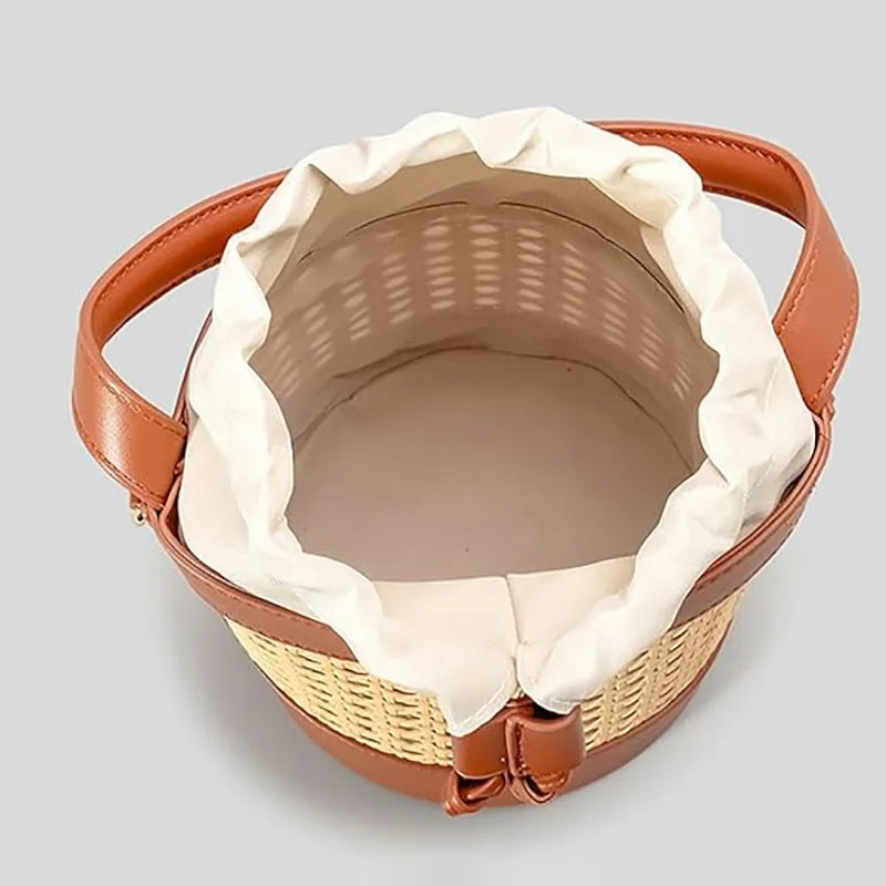 Fashionable Rattan Small Crossbody Handbag Leather Trim