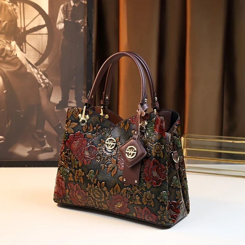 Vintage Flower Pattern Handbag Luxury PU Leather Tote Bag Fashion Crossbody Bag