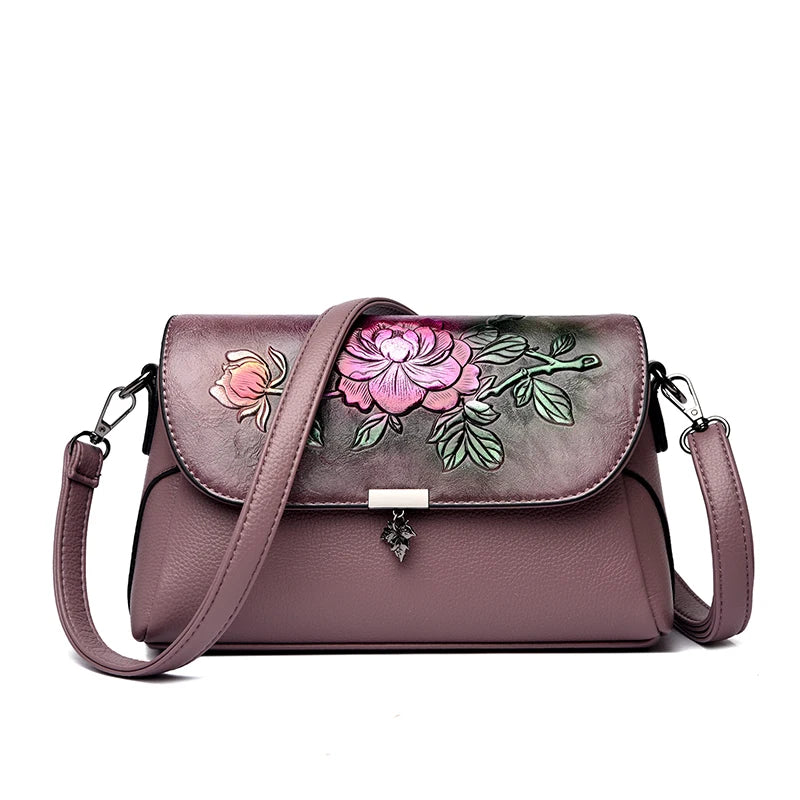 Vintage 3D Floral Embossed Crossbody Bag Soft Leather Elegant Bag Luxury Handbag