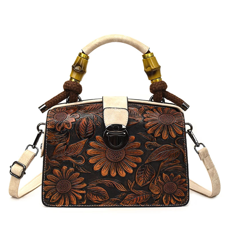 Vintage Embossed Handmade Handbags Top Quality PU Leather Tote