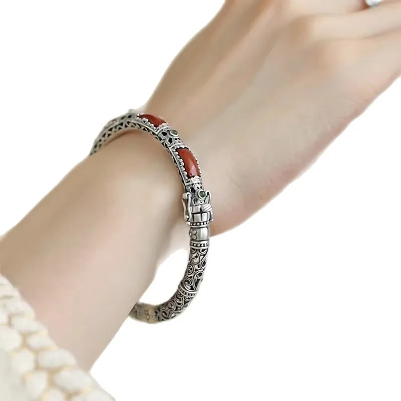 Retro style silver 925 inlaid red tourmaline bracelet