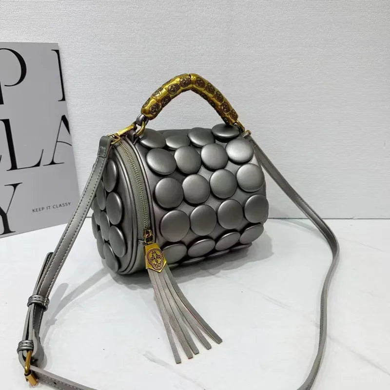 Retro Button Design Leather Handbag Luxury Round Tube Bucket Bag