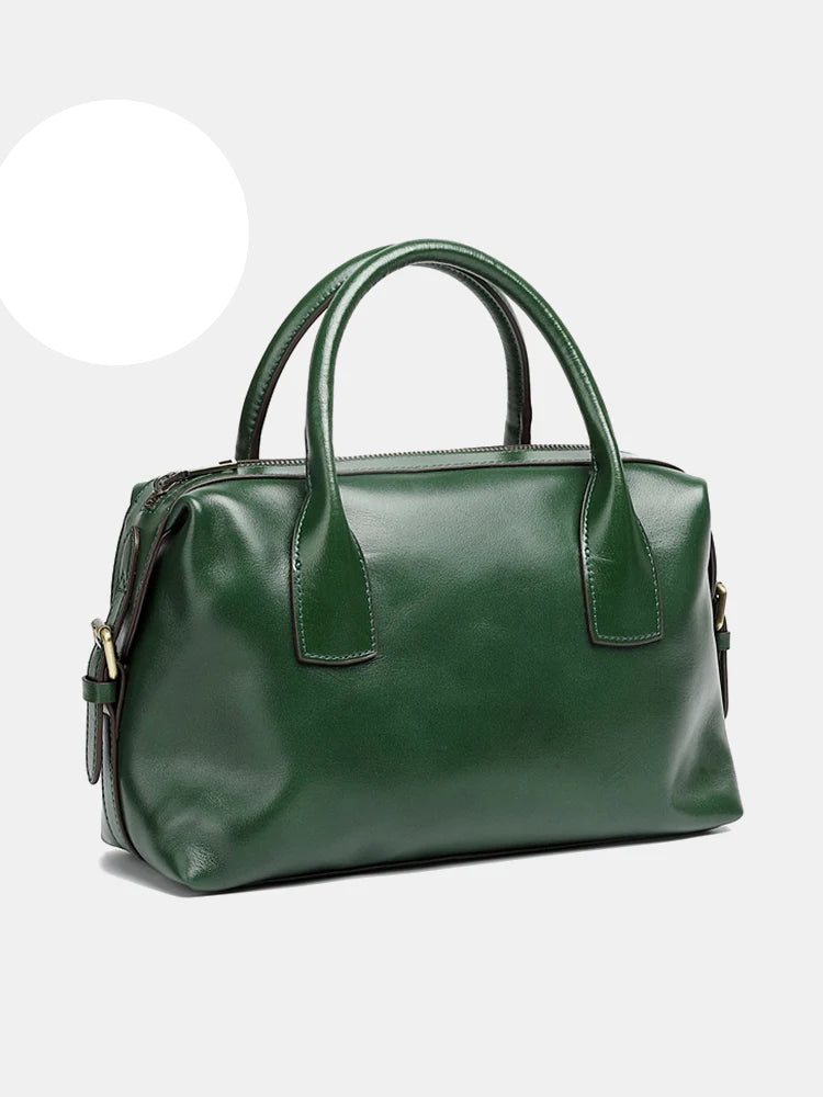 Vintage Green Genuine Leather Top-handle Bag For Women Boston Bag Shoulder Handbag