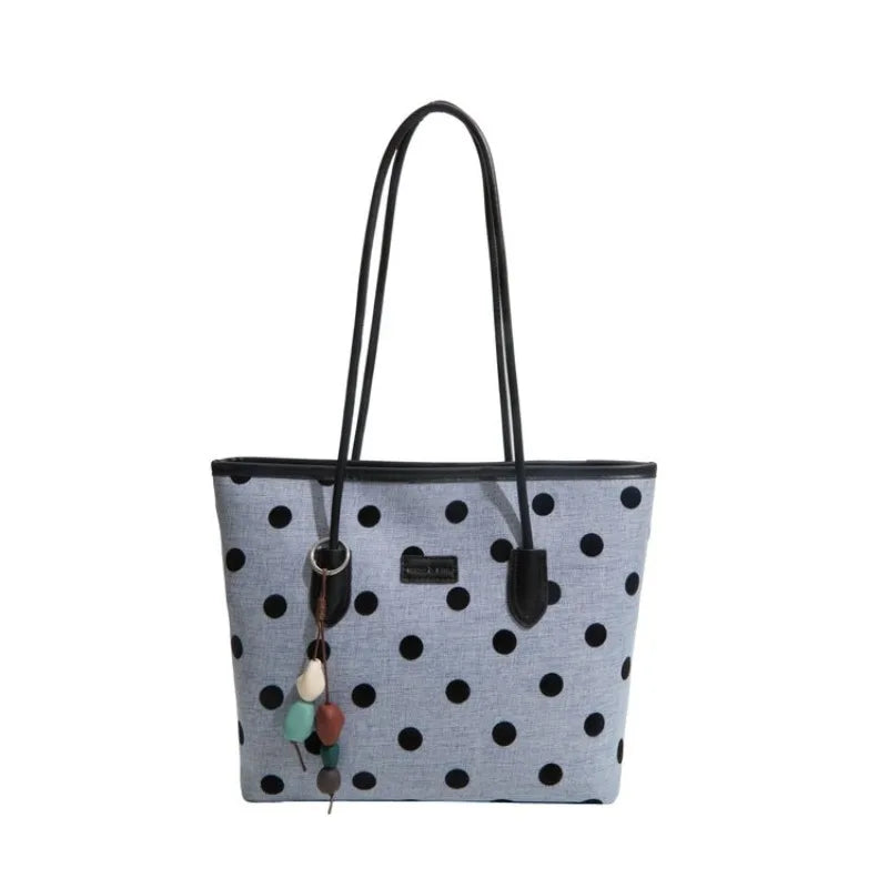 Big Polka Dot Woven Canvas Spliced PU Large Tote Bag