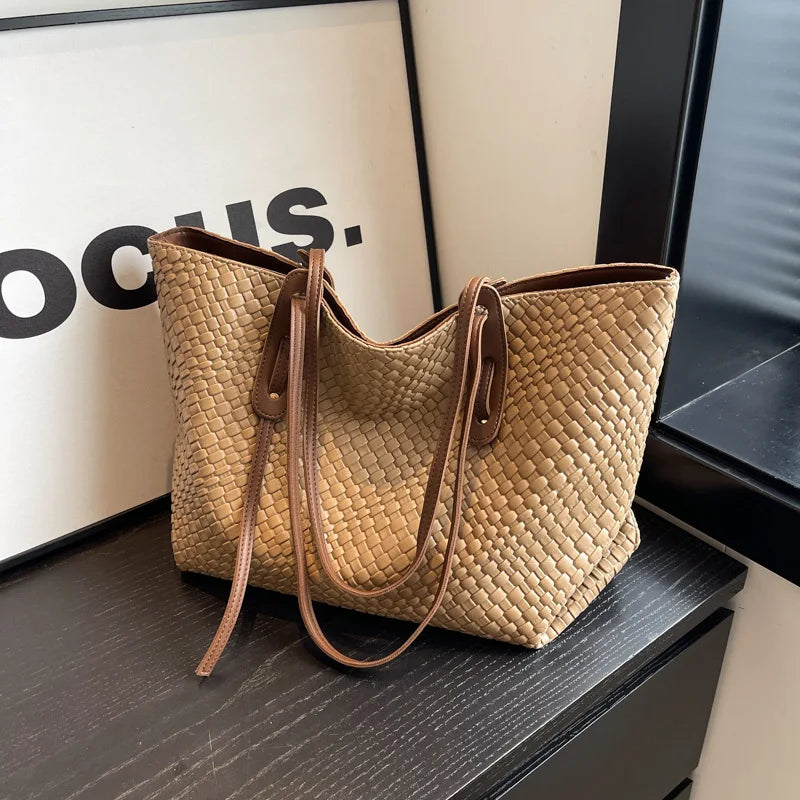 Trendy Vintage Rhombic Woven Shoulder Bags Large Capacity Bag