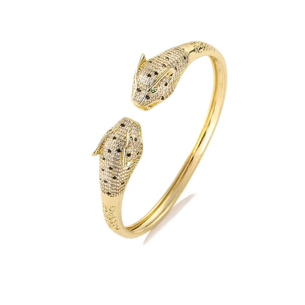 Trendy leopard head open bracelet 18K gold electroplated