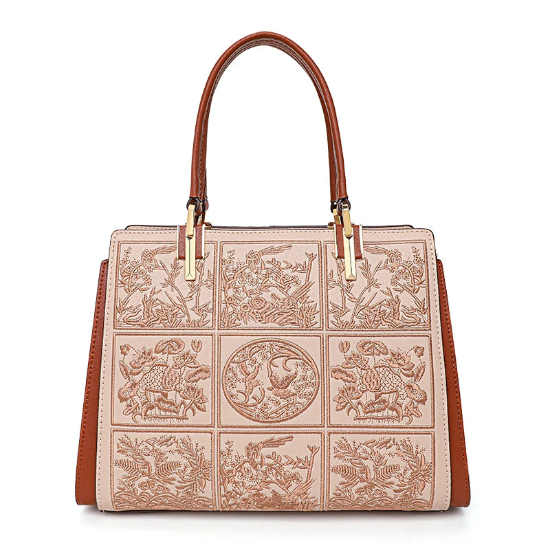 Embroidered Leather Tote Patchwork Design With Dual Straps