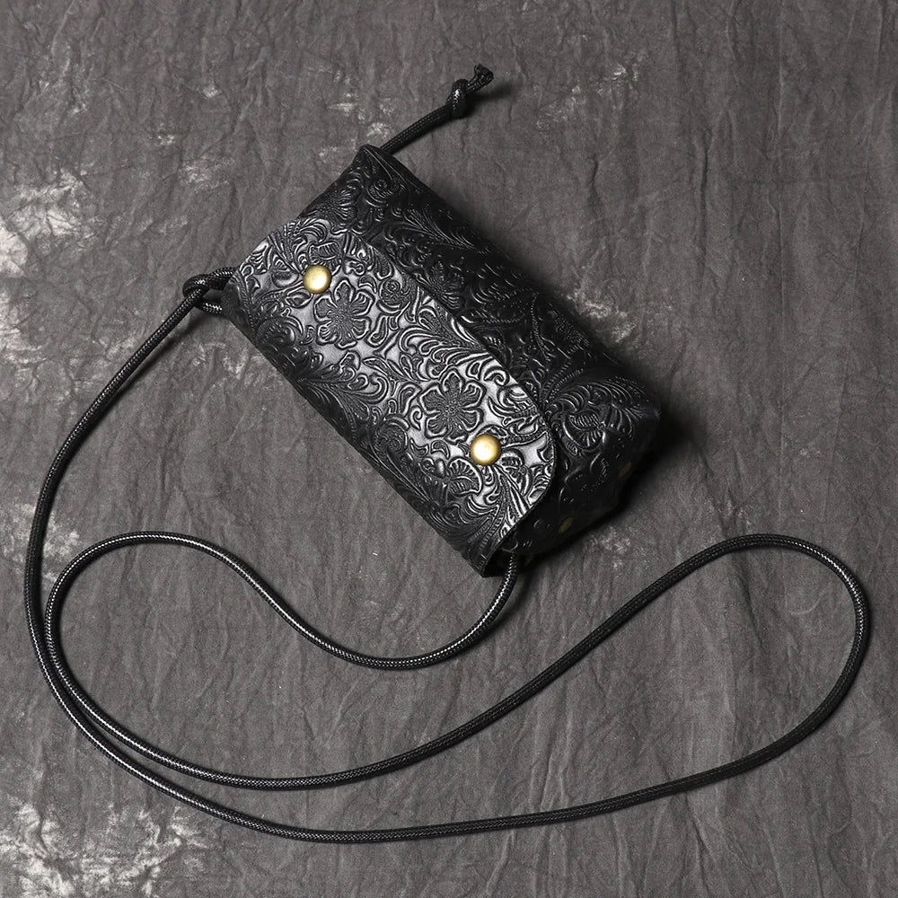Stylish Genuine Leather Bag 3D Carved Craft Shoulder Bag Cowhide Phone Bag