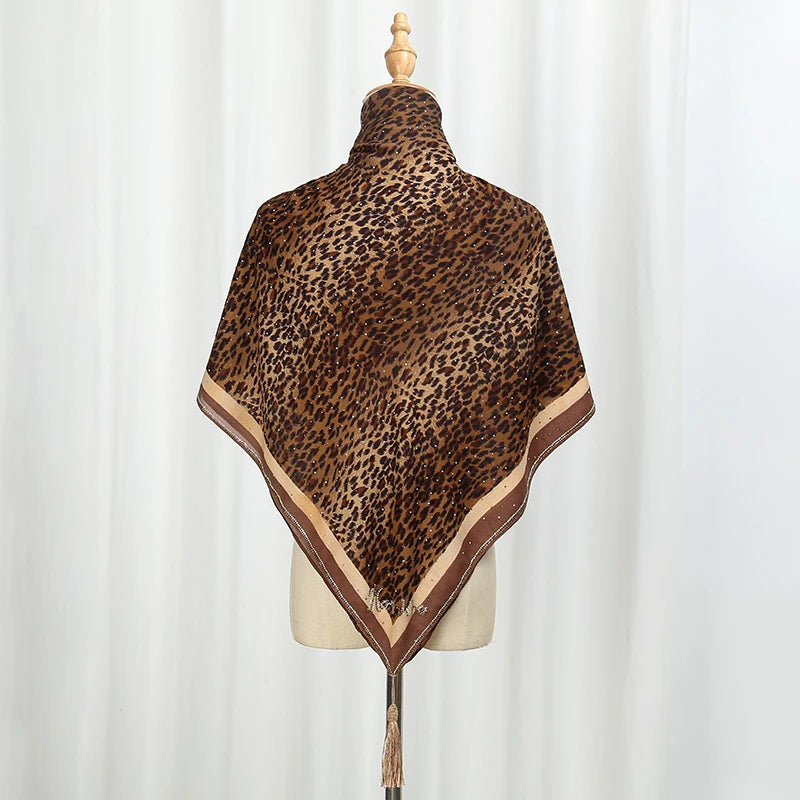 Rhinestone Leopard Print Square Scarf Tassels Satin Shawls