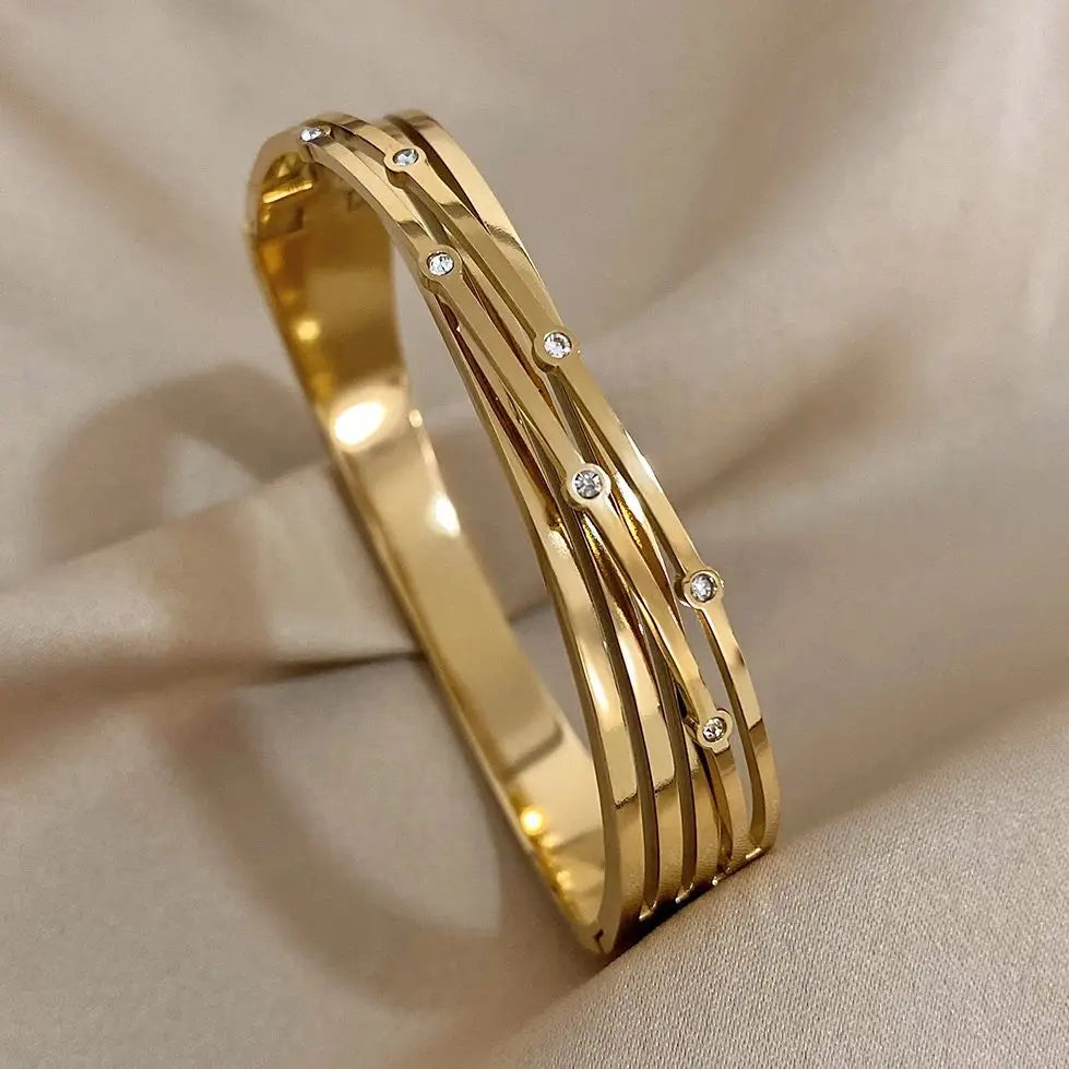 Trendy Inlaid Rhinestone Stainless Steel Geometric Cross Cuff Bangles Bracelets