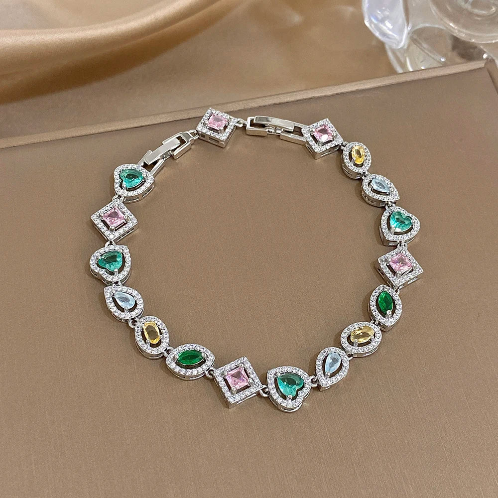 Colorful Rhinestone Chain Bracelet Sliver Color Multiple Geometry Shape Design Bangle