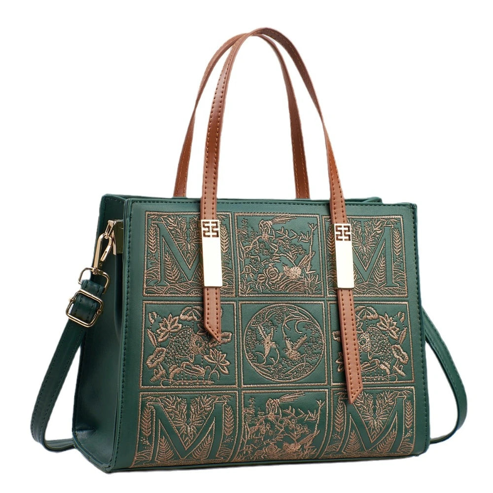 Embroidered Fashionable Handbag Square Single Shoulder PU Leather Crossbody Bag
