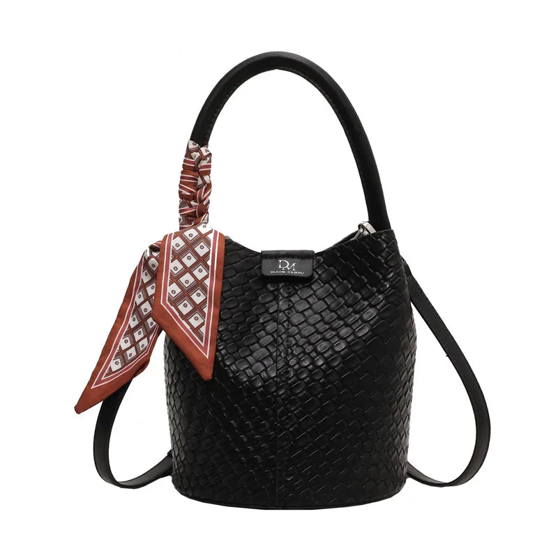 Fashionable Women's Bucket Bag Stylish Solid Color Woven Effect Handbag