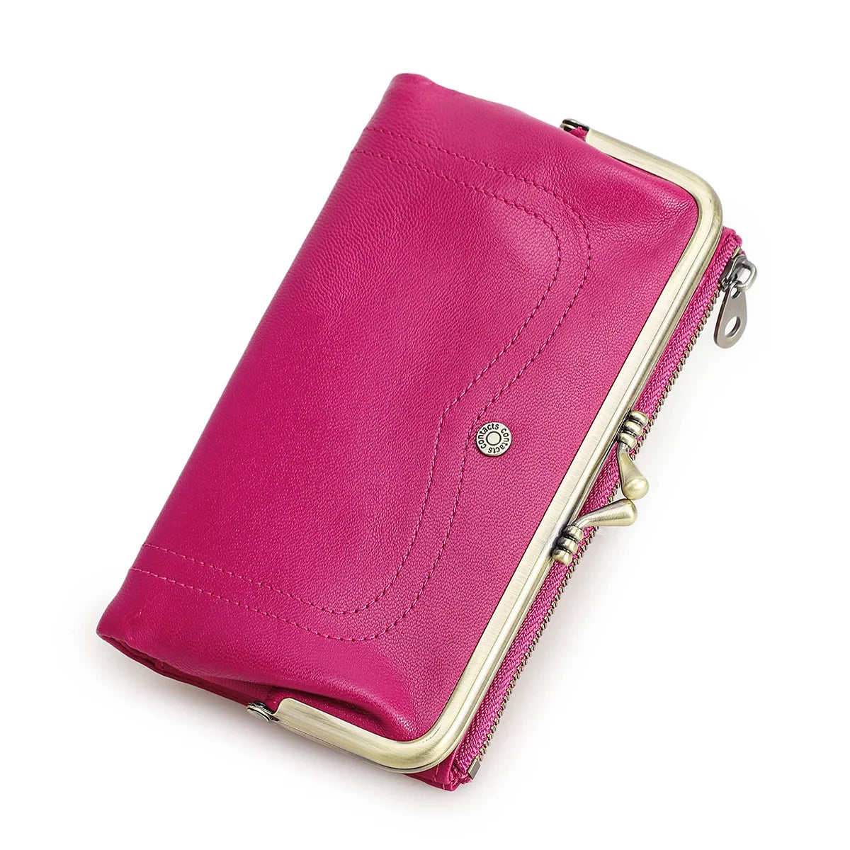 Genuine Leather Kiss Lock Long Wallets for Women Metal Frame Female Purse Card Holder