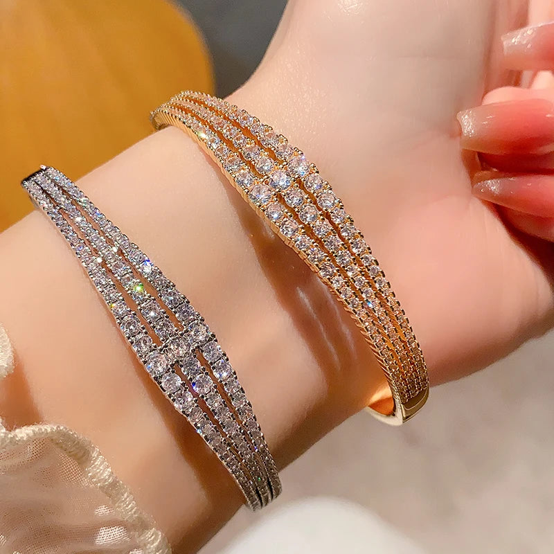 Elegant designer open bangle 18k gold plated brass cubic zircon bracelet