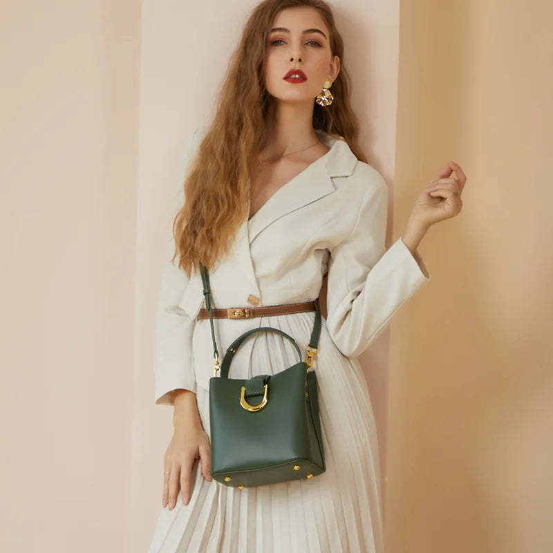 Luxury Genuine Leather Handbag Casual Crossbody Bucket Bag