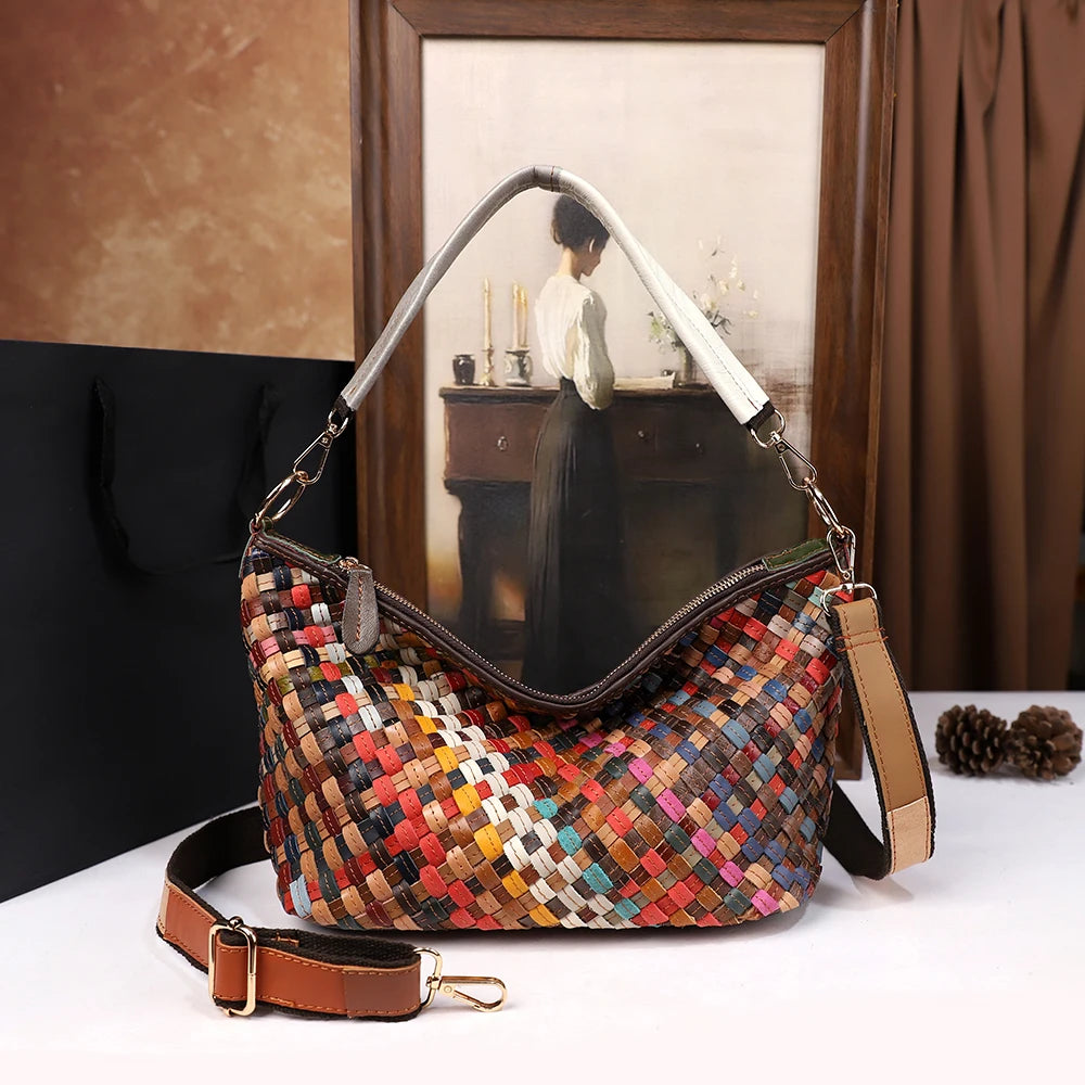 Fashionable tote bag woven with large capacity top layer leather
