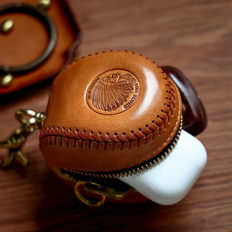Handmade Leather Baseball Key Holder Bag Earphone Case Coin Purse