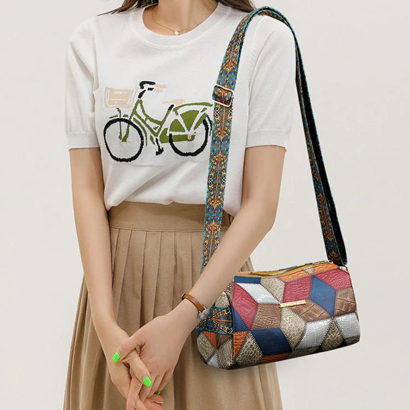 Distinctly ethnic style shoulder strap design neutral color rectangular crossbody bag