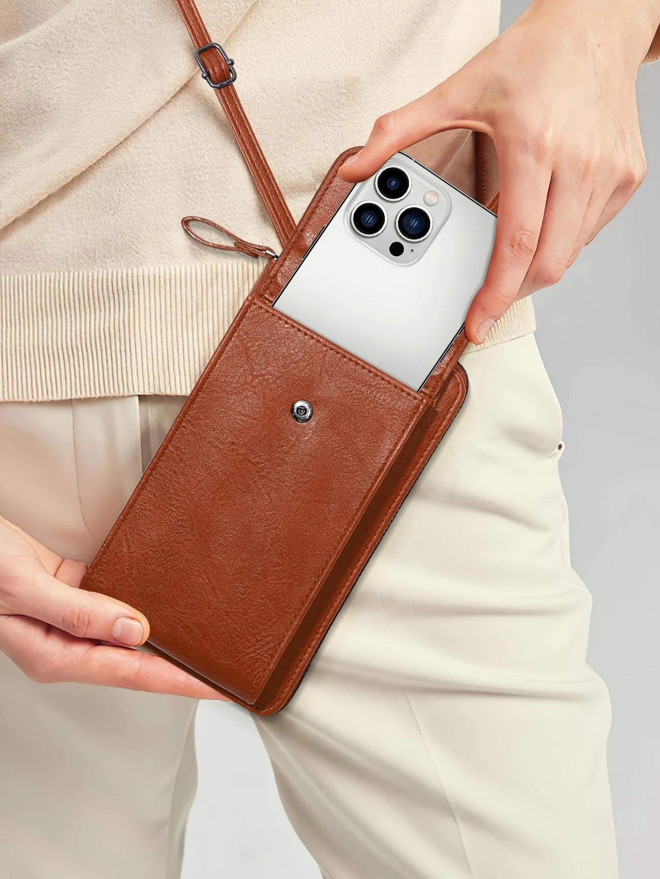 Multi functional retro style PU leather crossbody bag fashionable solid color phone bag