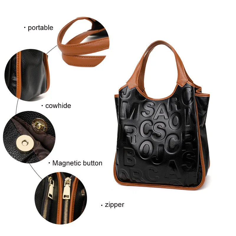 Large Capacity Ladies Handbag Leather Cowhide Color Block Letter Tote Shoulder Bag