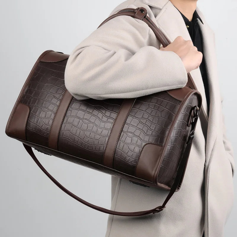Men's Business Travel Tote Luxury Alligator PU Leather Luggage Bag