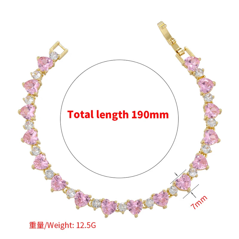 18K Gold-Plated Copper Luxury Tennis Bracelet Heart-Shaped CZ Diamond-Set Bracelet