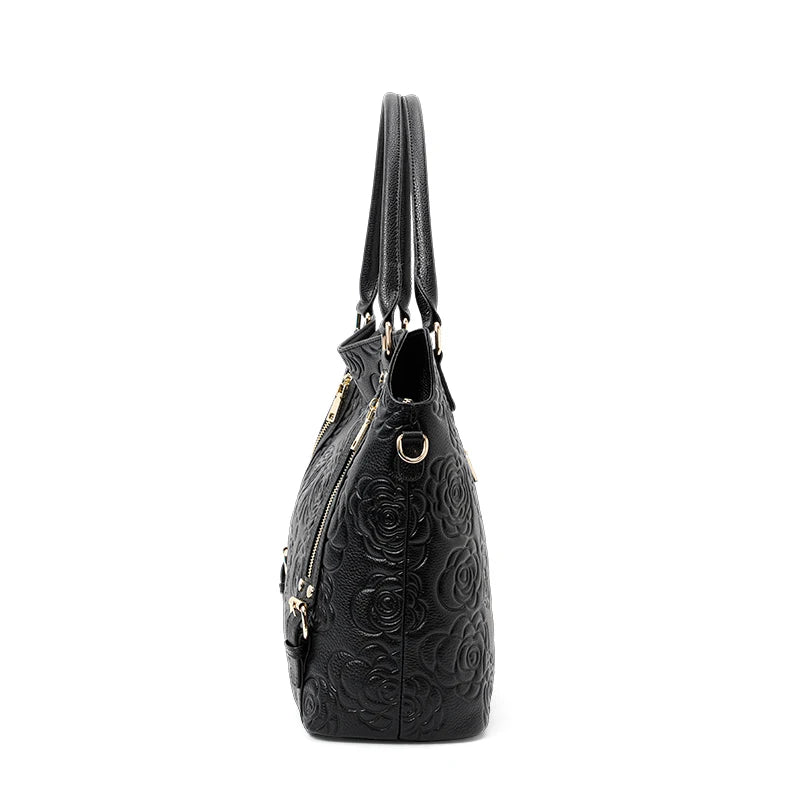 Rose Embossed Leather Tote Bag Gold Zippers and Buckles