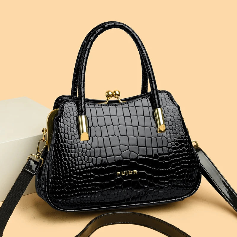 Fashion Luxury Patent Leather Handbag Button Design