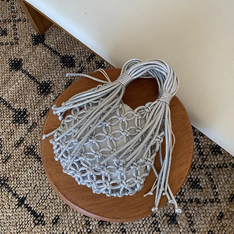 Handwoven Macrame Shoulder Bags Wood Beads & Tassel