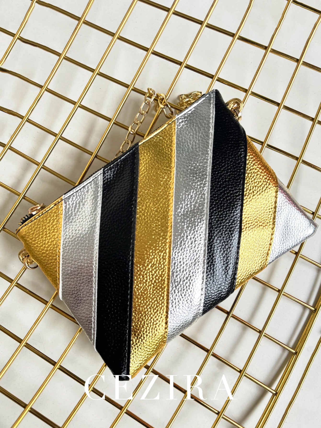 Metallic Color Stripes PU Leather Handbag Women's Square Clutch