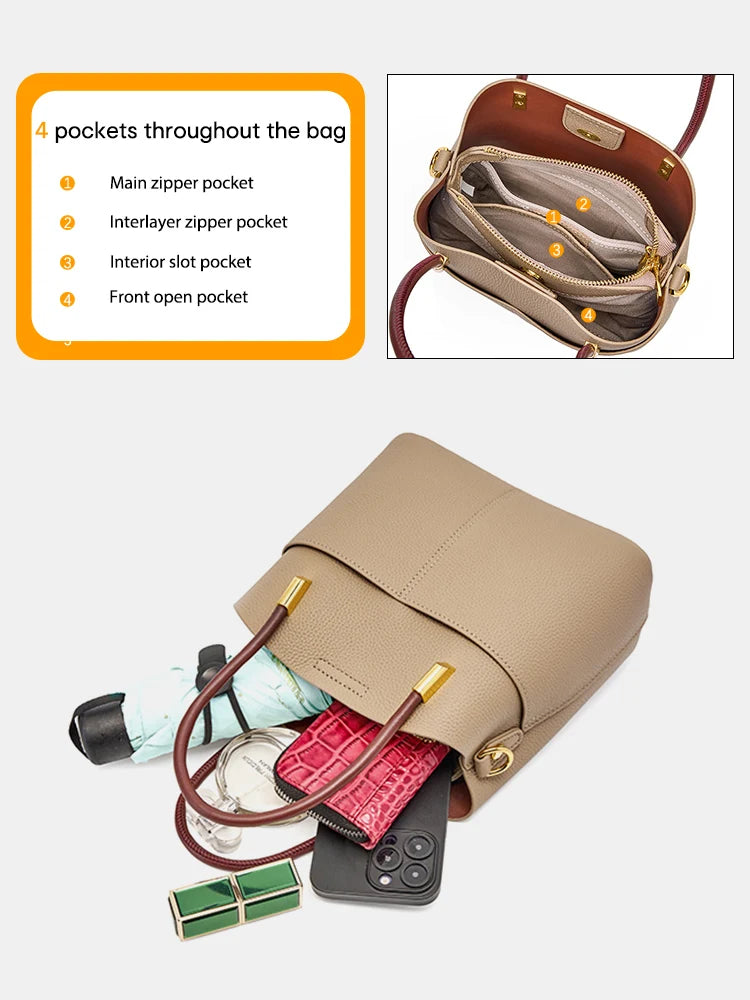 Genuine Leather Top Quality Bucket Bag Versatile Leather Tote