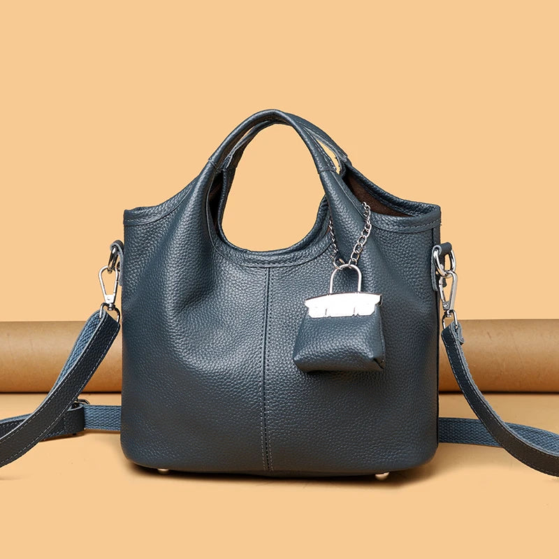 100% Cowhide Bag Casual Women Hobos Handbags Bucket Bags