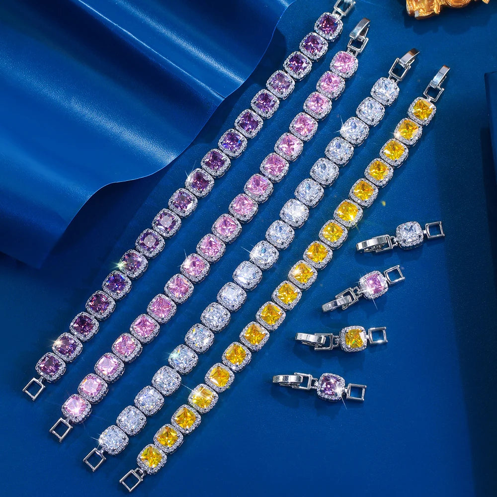 Luxury Brilliant Purple Pink Yellow Zirconia Square CZ Tennis Bracelet Jewelry for Women