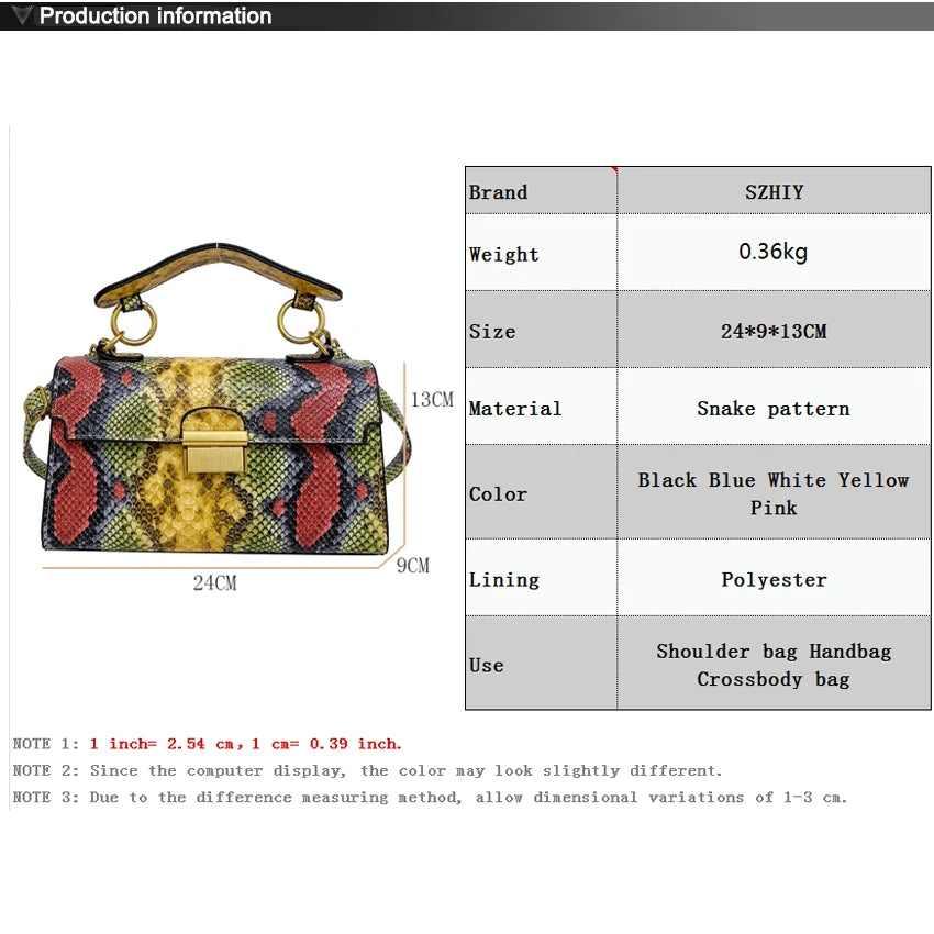 Luxury Design Handbag Snake Pattern Leather Crossbody Bag