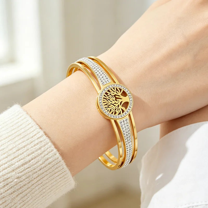 Tree Of Life Crystal Bangle Gold Stainless Steel Spring‑Open Bracelet