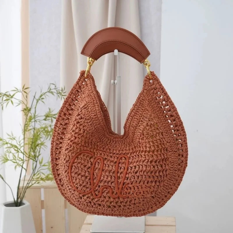 Straw Woven Crescent Hollow Design Large Capacity Bag
