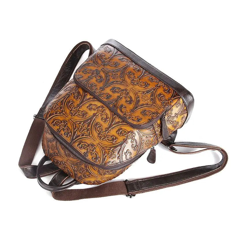 Handmade Leather Backpacks Embossed Top Layer Cowhide Bag