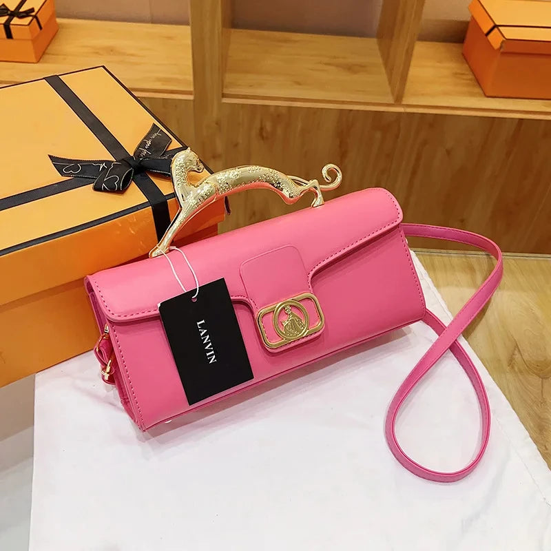 Women's Handbag Metal Handle Leather Trendy Design Crossbody Fashion Bag