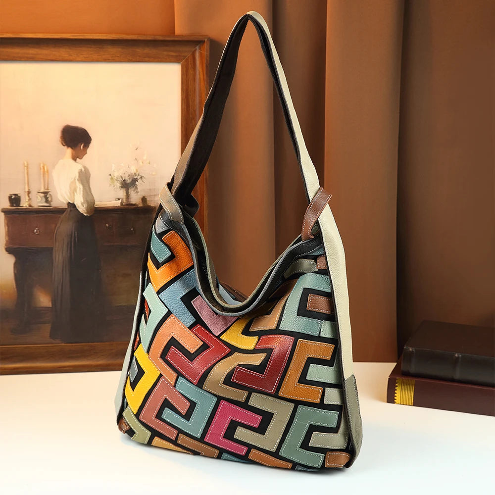 Retro Handmade Splicing Cowhide Leather Tote Bag Ethnic Style