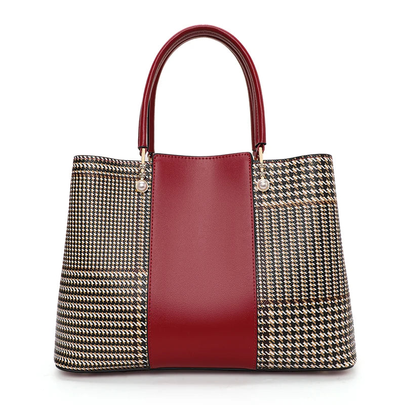 High-capacity cowhide women's fashionable contrasting color handbag
