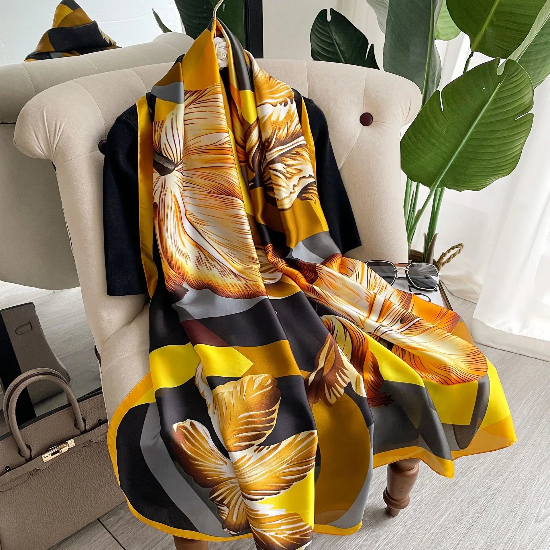180*90cm Large Silk Satin Scarf Hijab Women Print Shawl