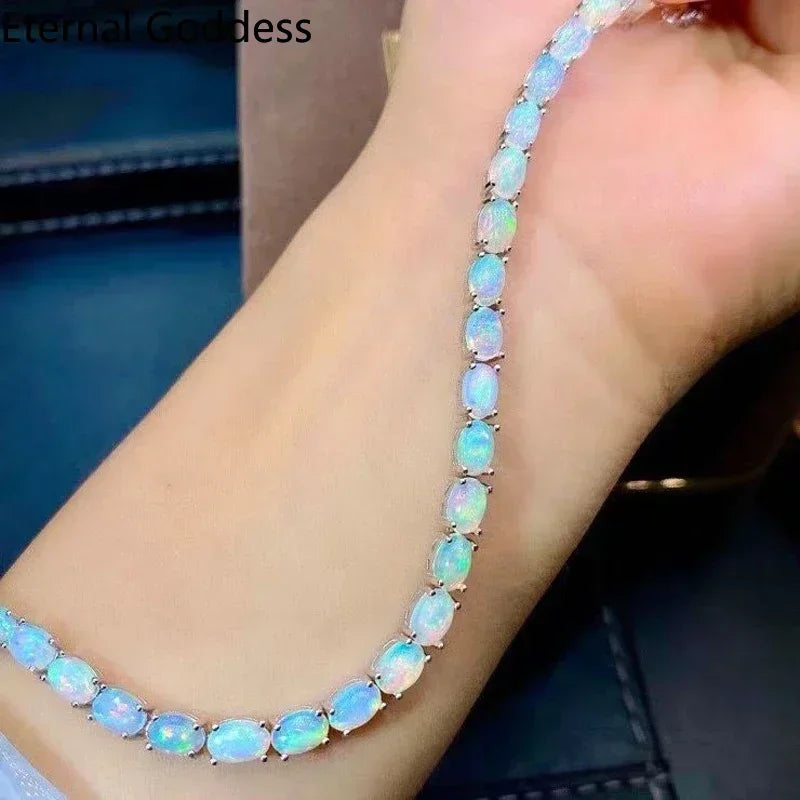 925 Sterling Silver Natural Opal Simple Bracelet Colorful Stone Bracelet Fine Jewelry
