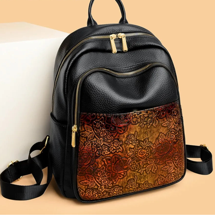 Vintage Floral Print High Quality Soft Leather Backpack Women Large Capacity Bag