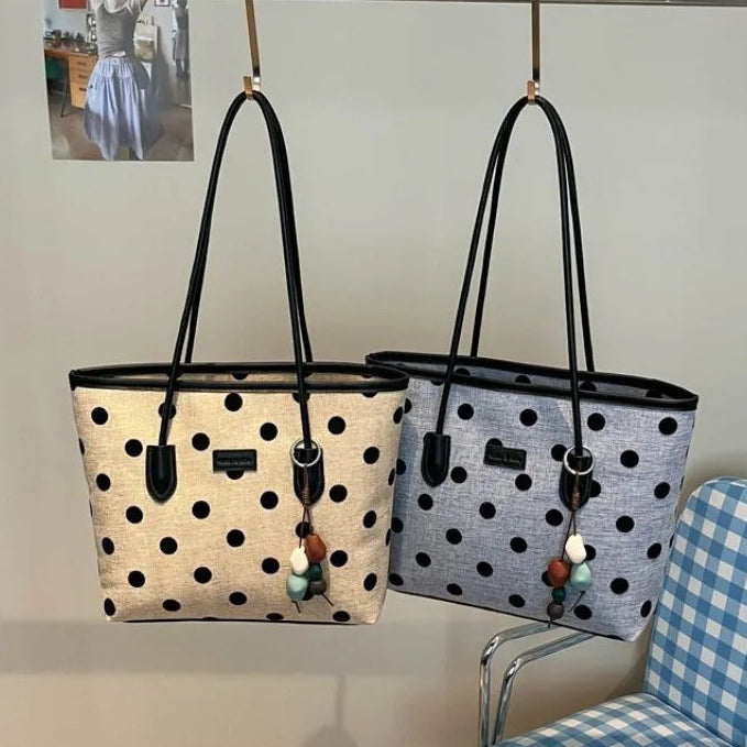 Big Polka Dot Woven Canvas Spliced PU Large Tote Bag