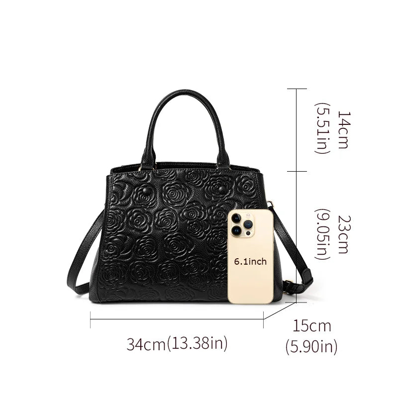 Leather high-sense handbag top layer leather rose pattern slung shoulder bag