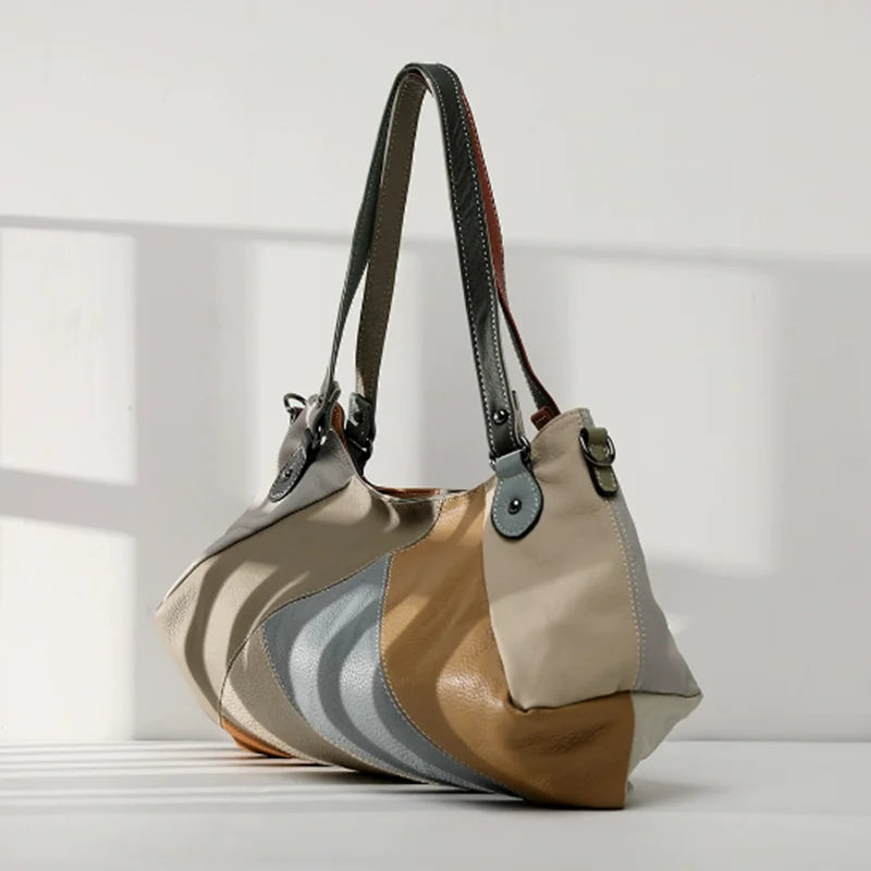 Retro handcrafted leather splicing women's bag top layer soft leather