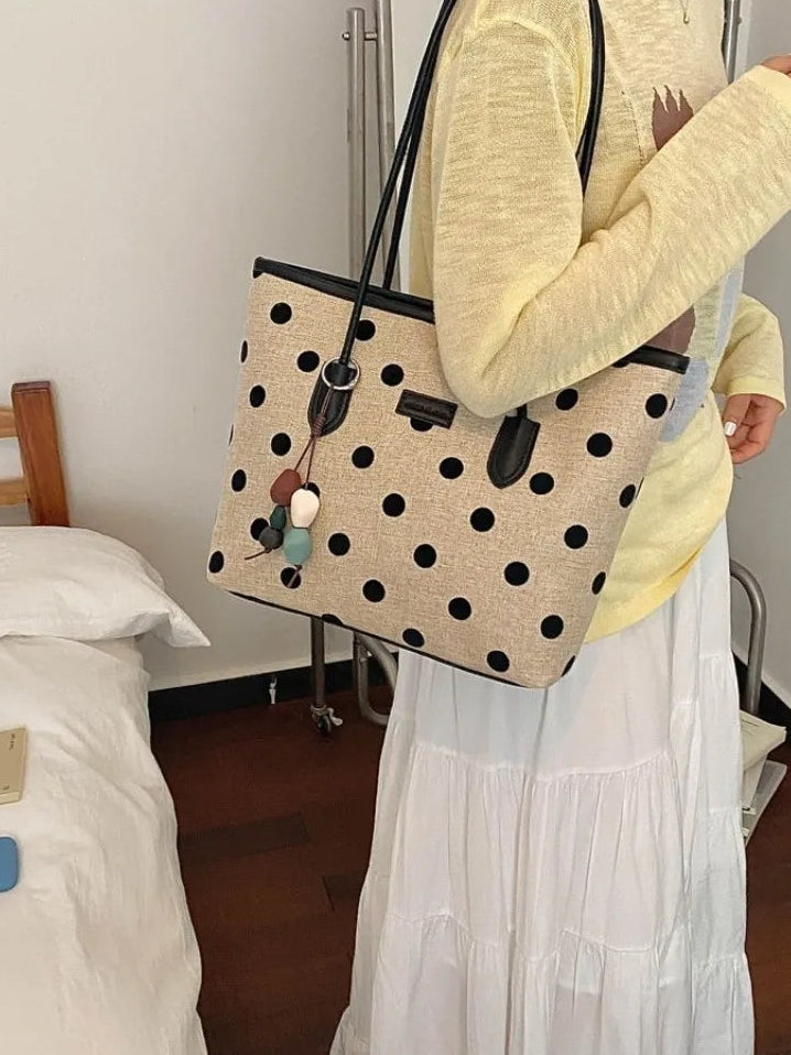 Big Polka Dot Woven Canvas Spliced PU Large Tote Bag